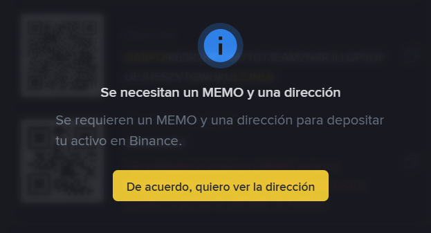 Dirección y memo para depósito en Binance