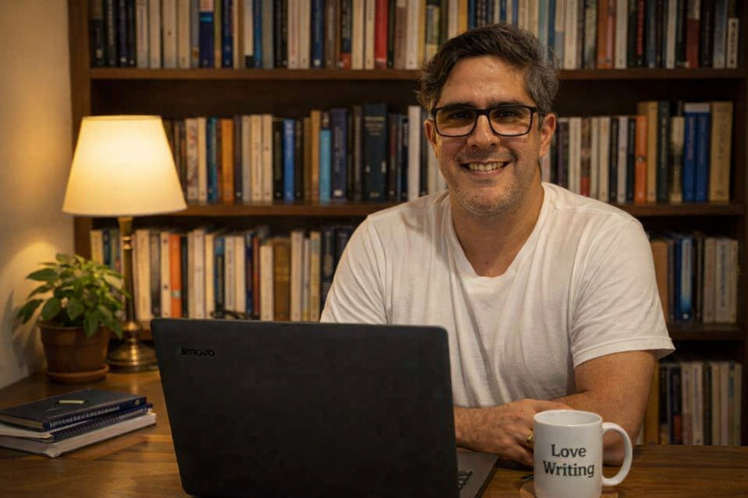 Matías Banegas en su espacio de trabajo, feliz, con una planta, un café y una biblioteca, celebrando su vida como escritor